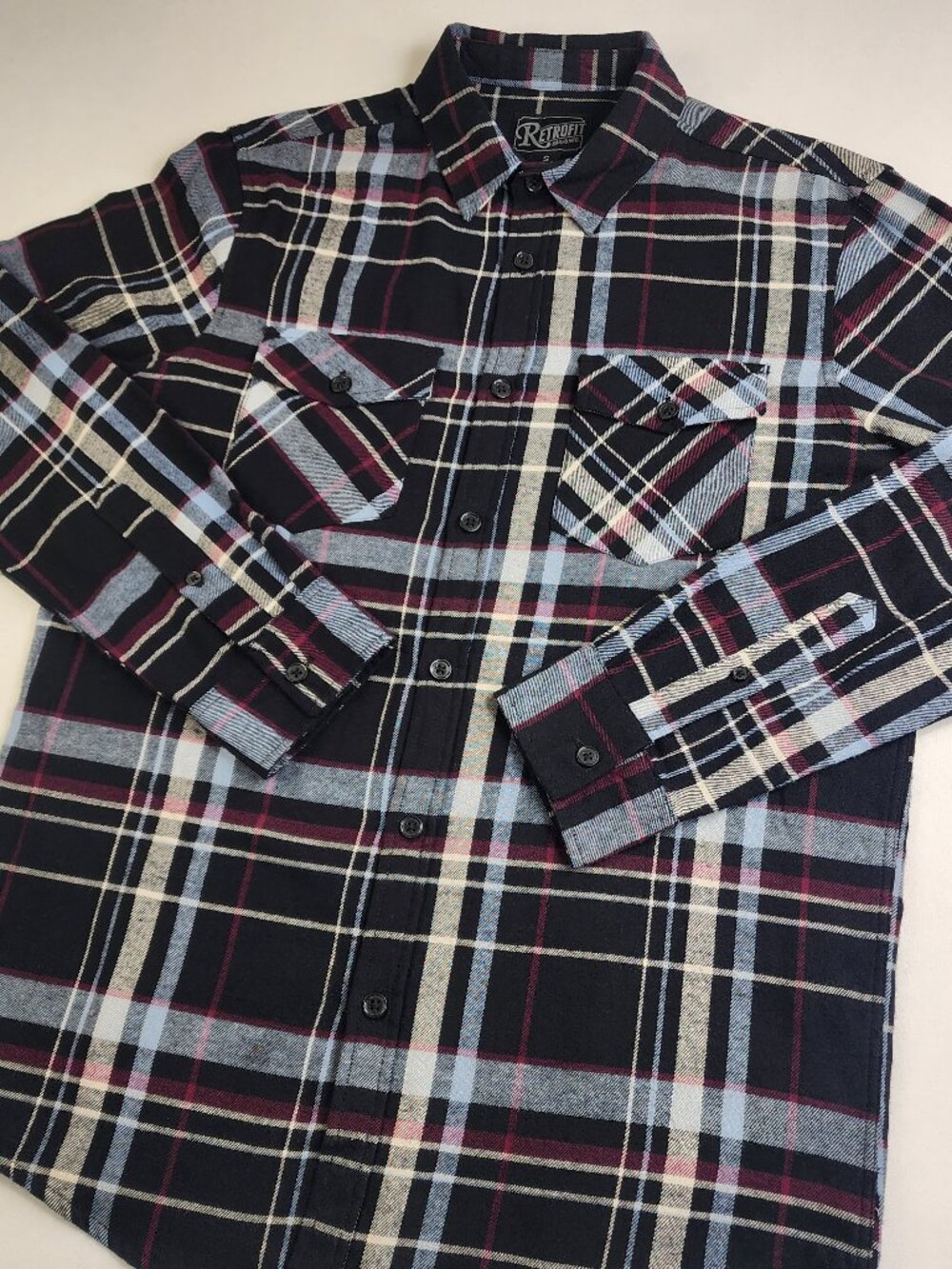 Retrofit Men's S Small Blue White Black Plaid Button-Up Shirt Pocket Soft Comfy
